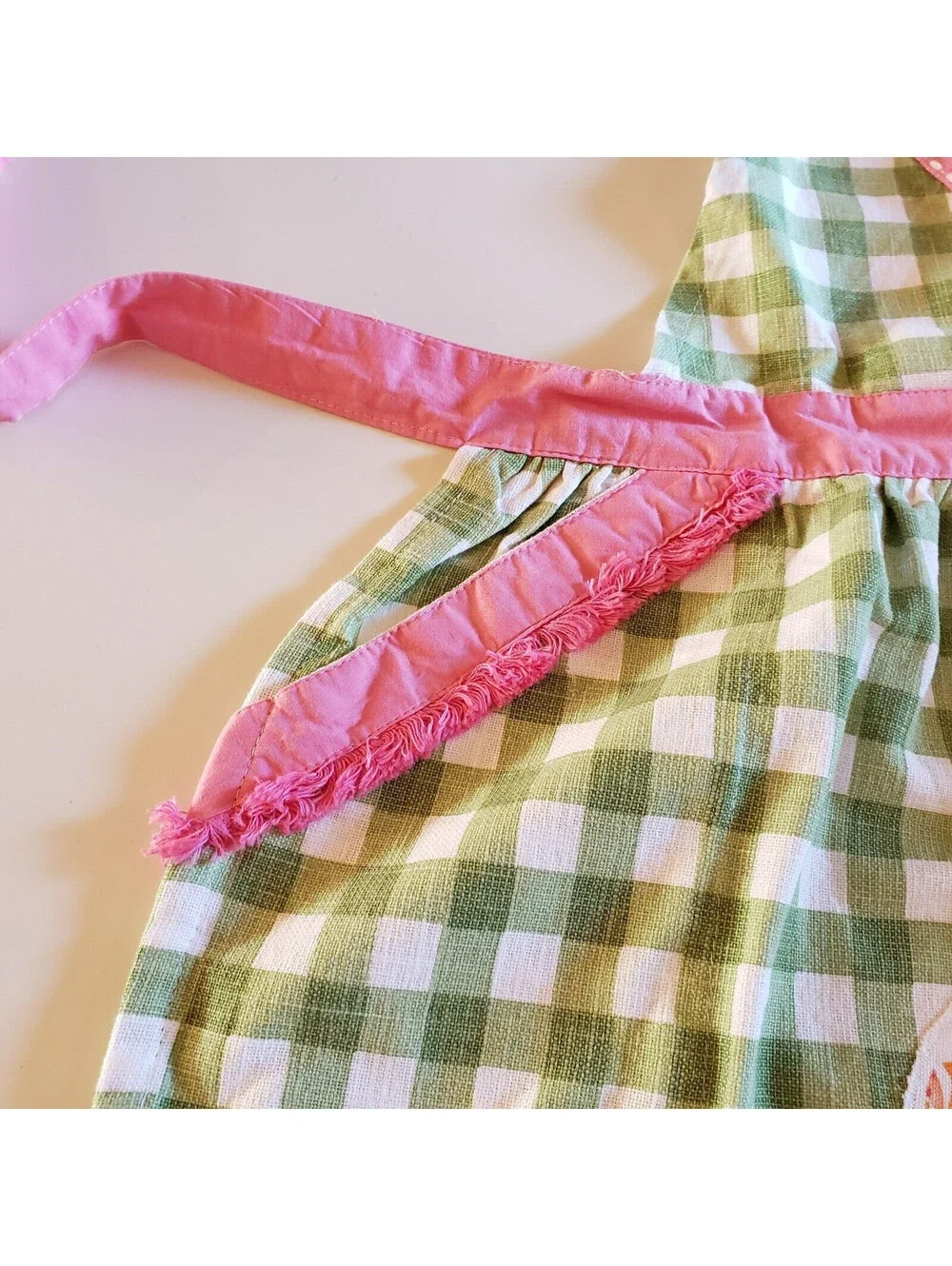 Happy Easter Cotton Bib Apron Green Check Pink Trim Embroidered Kitchen Cook
